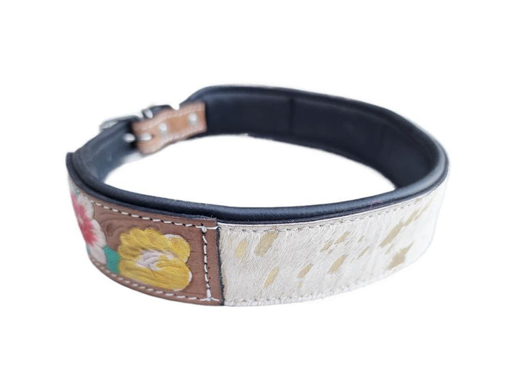 Hand-Tooled Leather Dog Collar: White Cowhide, Western Floral, Padded