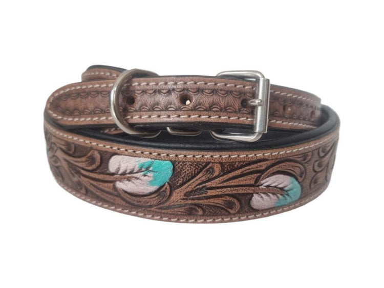 Hand-Tooled Leather Dog Collar: Turquoise Feather, Western Boho Style