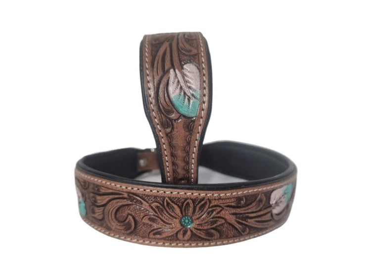 Hand-Tooled Leather Dog Collar: Turquoise Feather, Western Boho Style