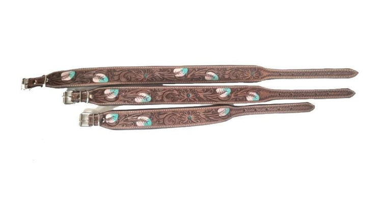 Hand-Tooled Leather Dog Collar: Turquoise Feather, Western Boho Style