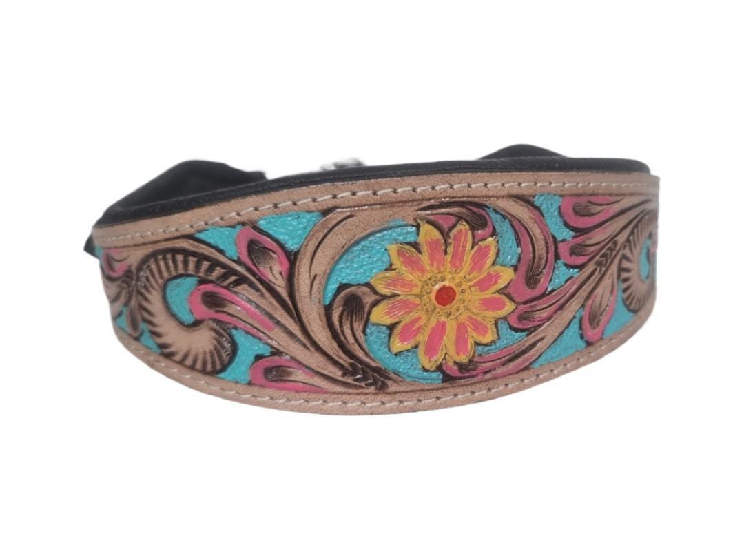 Hand Tooled Leather Dog Collar: Sunflower Boho Western Style