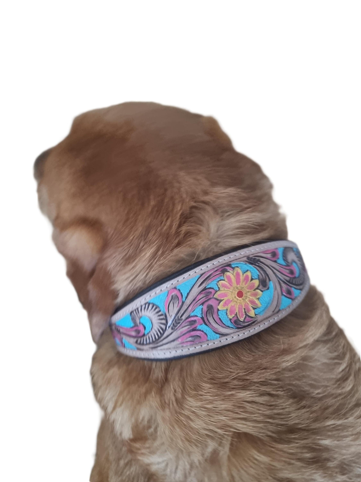 Hand Tooled Leather Dog Collar: Sunflower Boho Western Style