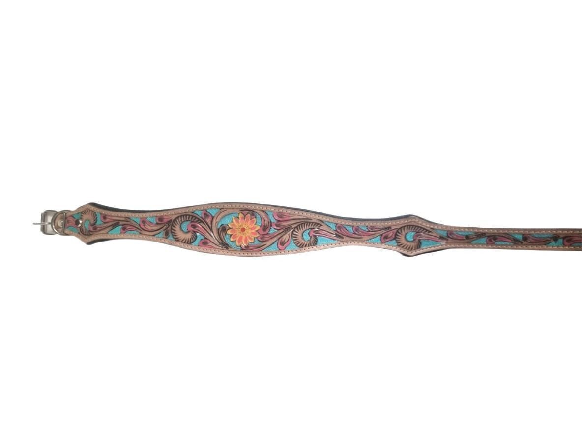 Hand Tooled Leather Dog Collar: Sunflower Boho Western Style