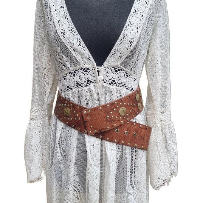 Boho Wide Leather Waist Belt: Upcycled Coins, Moroccan Design