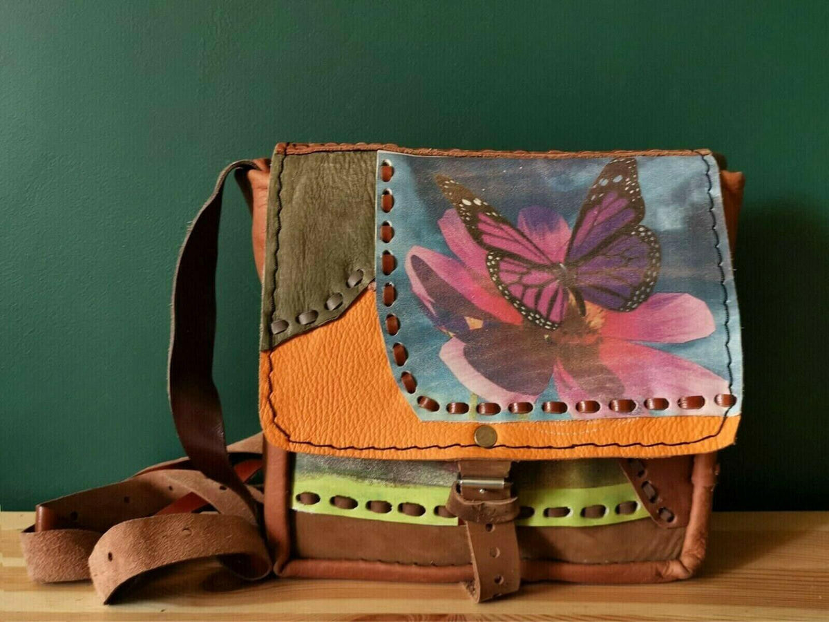 Vintage Butterfly Leather Bag, Dog Lover Handbag, Upcycled Patchwork Purse, Boho Crossbody Bag, 70s Style Leather Bag, Nature Gift