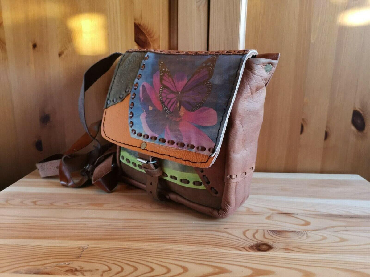 Vintage Butterfly Leather Bag, Dog Lover Handbag, Upcycled Patchwork Purse, Boho Crossbody Bag, 70s Style Leather Bag, Nature Gift