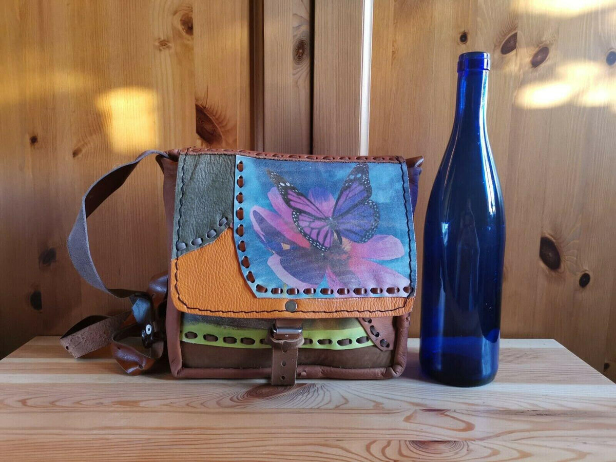 Vintage Butterfly Leather Bag, Dog Lover Handbag, Upcycled Patchwork Purse, Boho Crossbody Bag, 70s Style Leather Bag, Nature Gift