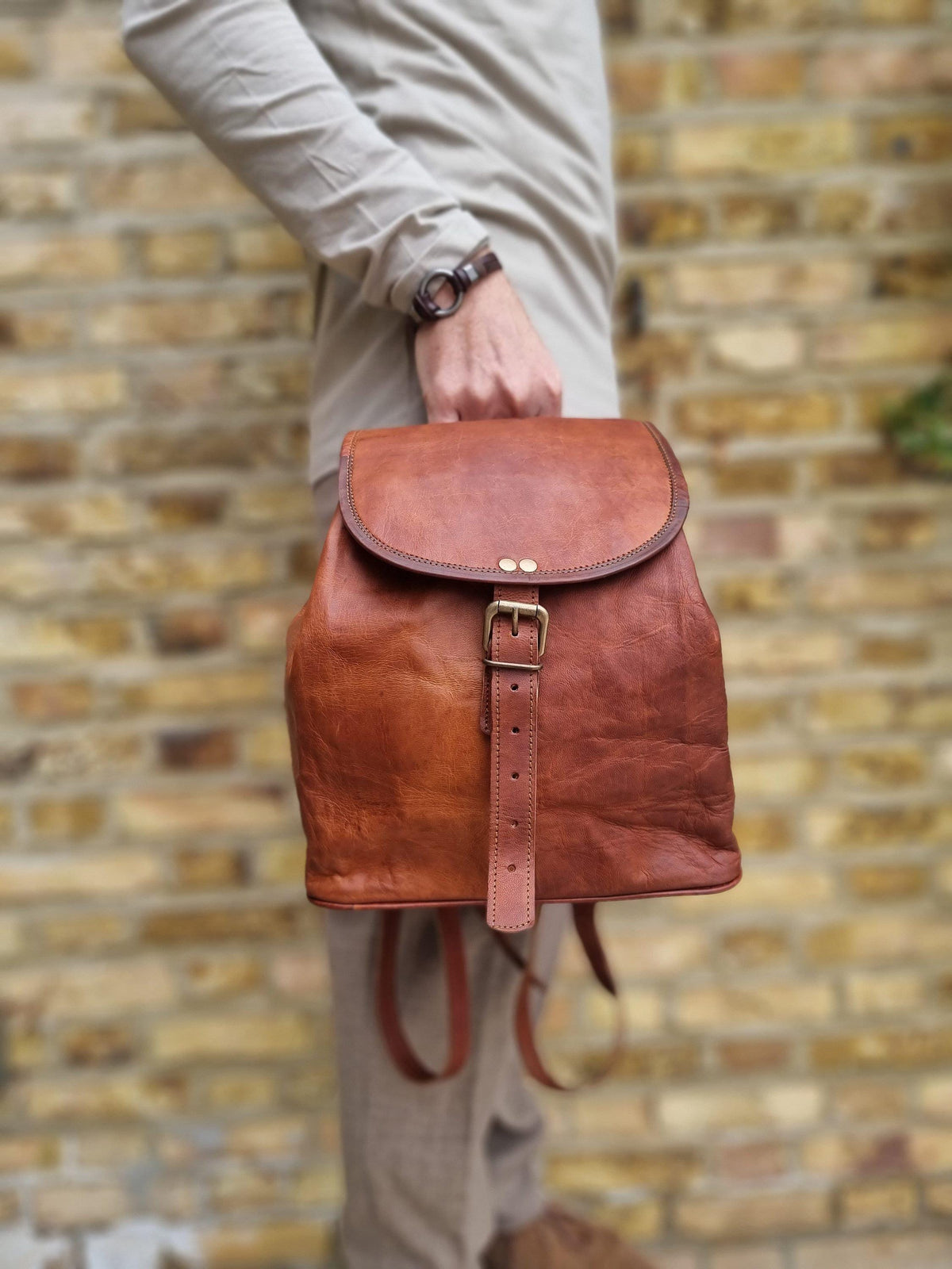 Leather Backpack, Foldable Travel Rucksack, Unisex Boho Backpack, Minimalist Leather Daypack, Lightweight City Bag, New Parent Gift