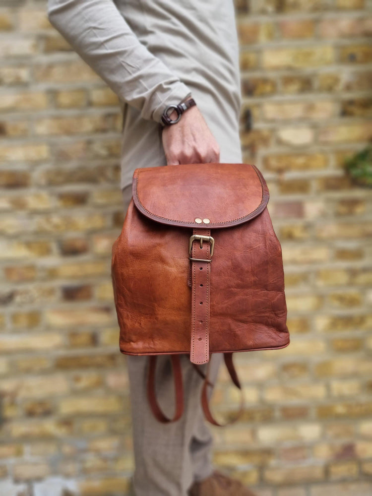 Leather Backpack, Foldable Travel Rucksack, Unisex Boho Backpack, Minimalist Leather Daypack, Lightweight City Bag, New Parent Gift