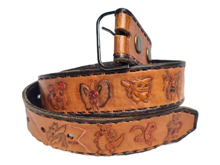 Unique pokémon leather belt, pikachu cosplay accessories, tooled leather belt, unisex slim leather belt for women and men, pokémon gift