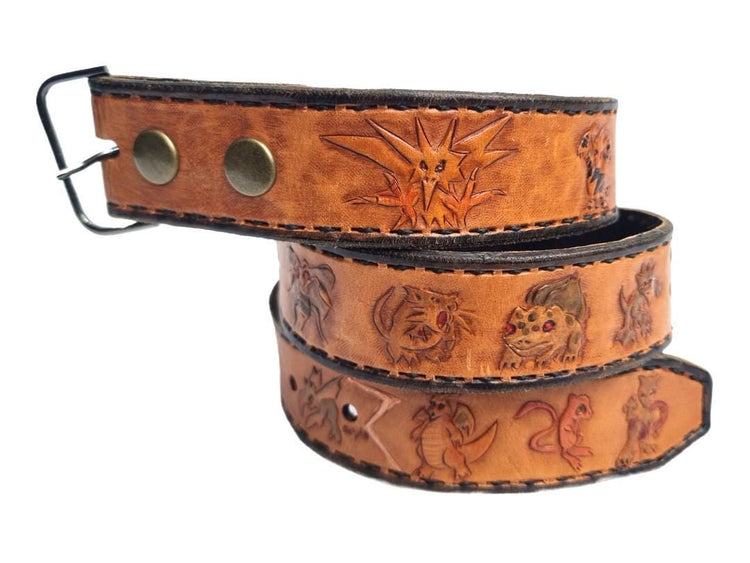 Unique pokémon leather belt, pikachu cosplay accessories, tooled leather belt, unisex slim leather belt for women and men, pokémon gift