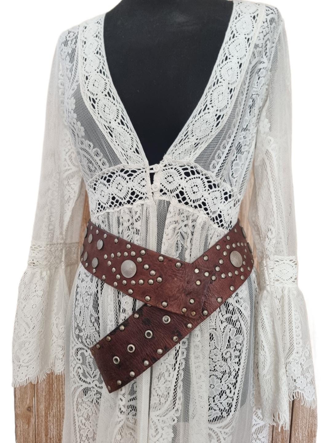 Vintage Wide Leather Belt: Bohemian Studded Coin Design