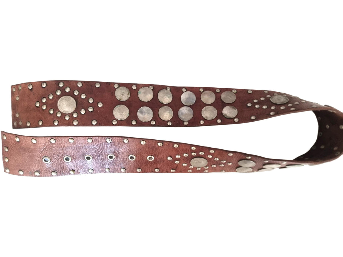 Vintage Wide Leather Belt: Bohemian Studded Coin Design