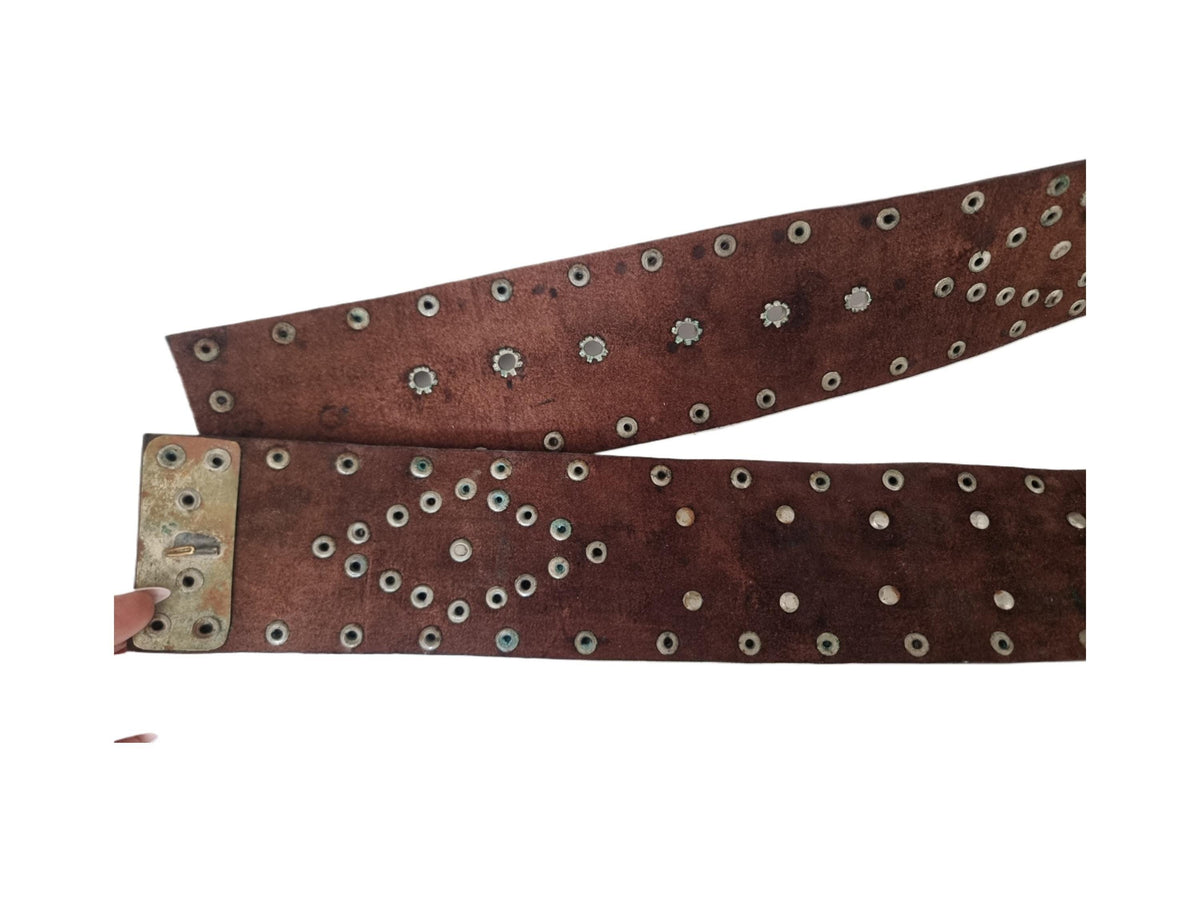 Vintage Wide Leather Belt: Bohemian Studded Coin Design