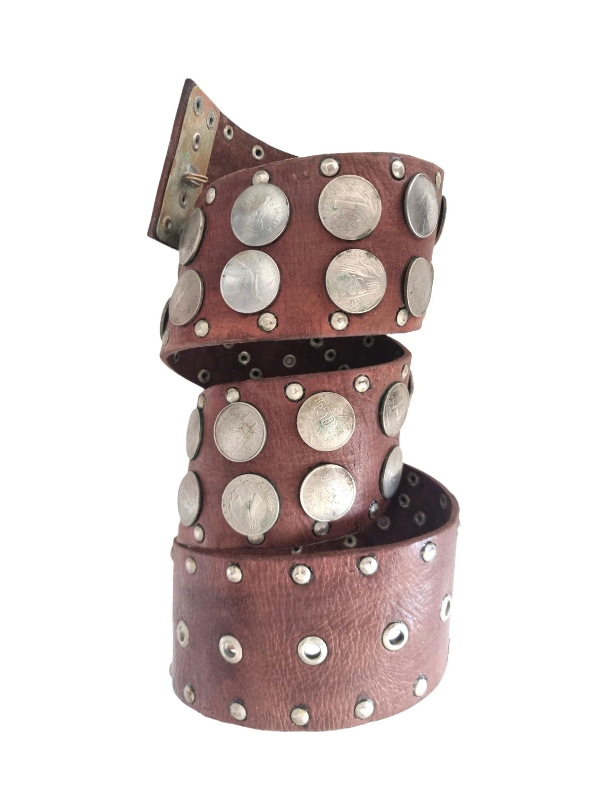 Vintage Wide Leather Belt: Bohemian Studded Coin Design