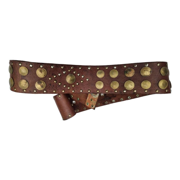 Boho wide leather belt tan brown - gypsy waist belt - antique moroccan leather belt with upcycled currency coins