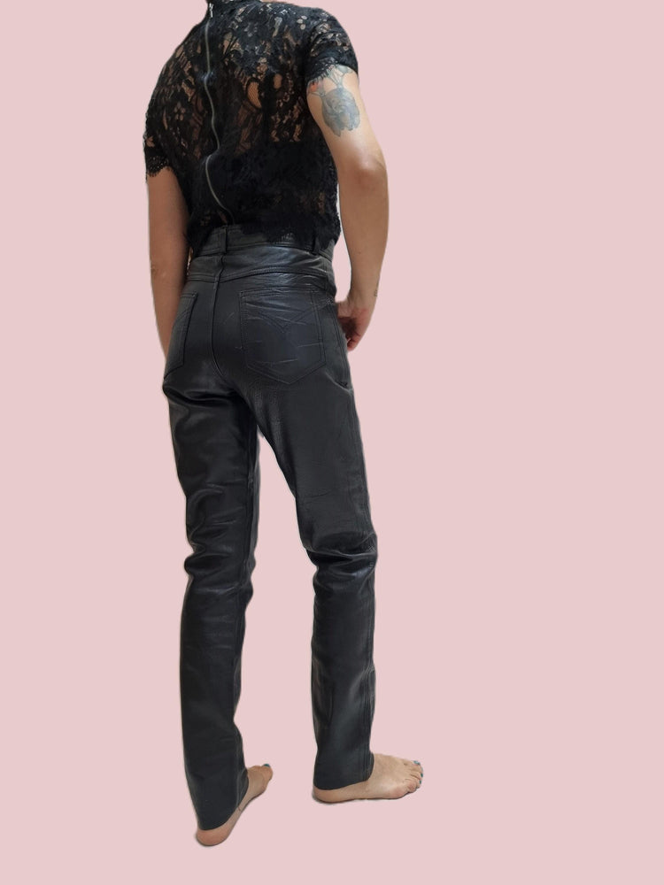 Vintage Black Leather Biker Trousers: 80s Motorcycle Pants XS