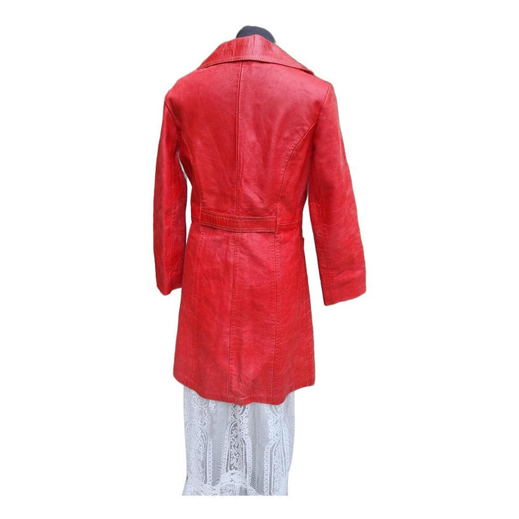 1960s Red Leather Trench Coat: Vintage Rockabilly Style (Size S-M