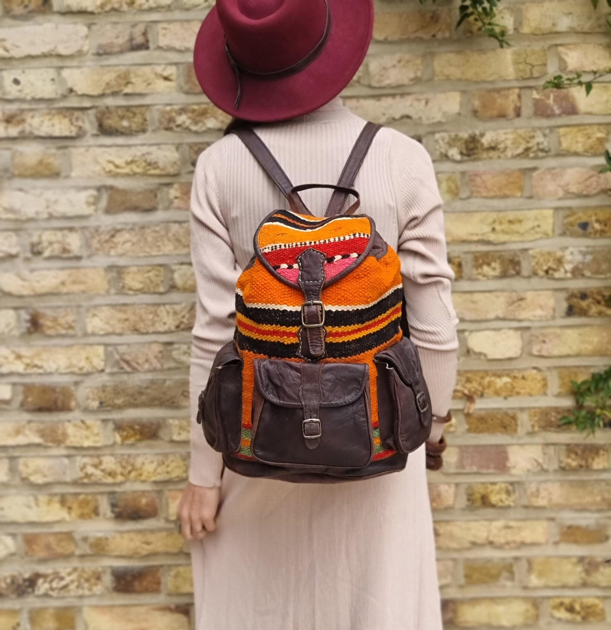 Vintage Moroccan Kilim Backpack, Leather Berber Rucksack, Boho Hippie Festival Bag, Upcycled Carpet Backpack, Large Womens Travel Bag