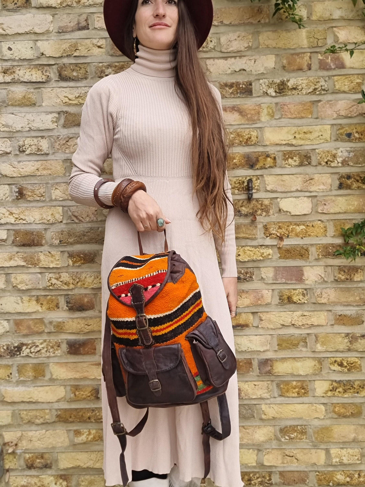 Vintage Moroccan Kilim Backpack, Leather Berber Rucksack, Boho Hippie Festival Bag, Upcycled Carpet Backpack, Large Womens Travel Bag