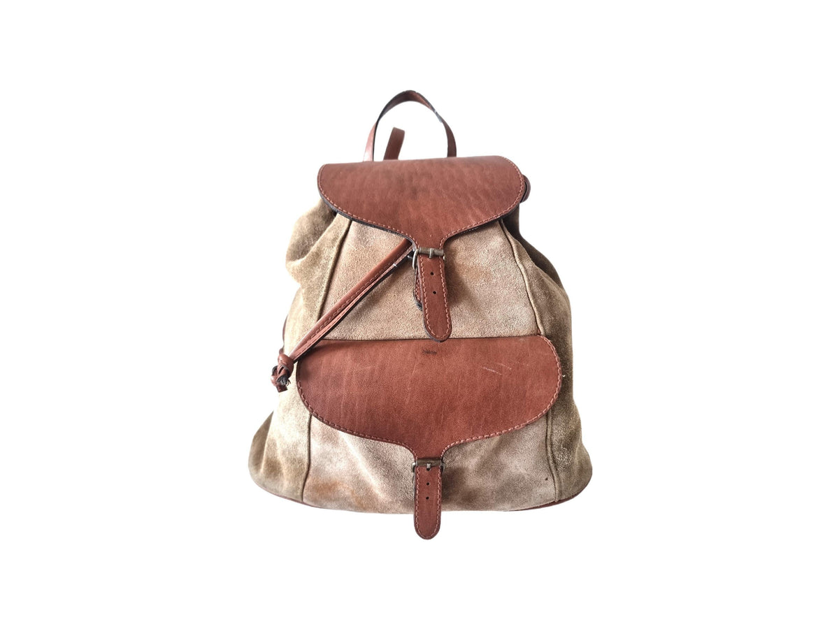 1970s Leather Suede Backpack: Small Vintage Drawstring Rucksack