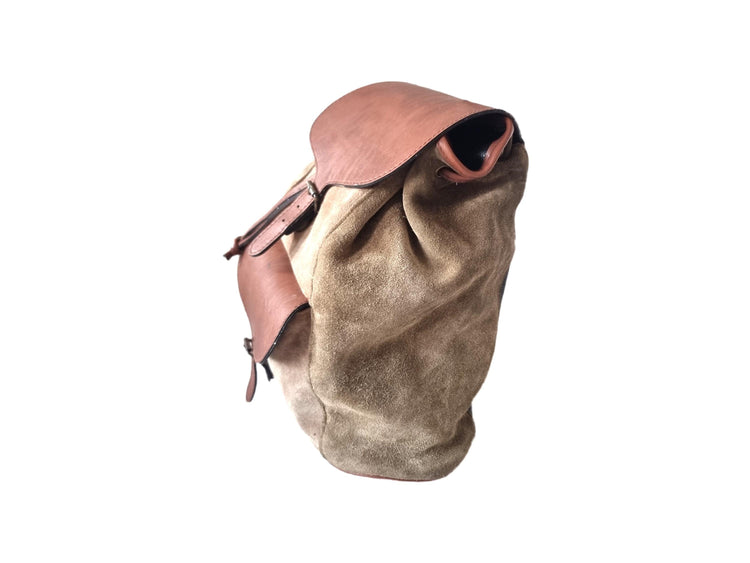 1970s Leather Suede Backpack: Small Vintage Drawstring Rucksack