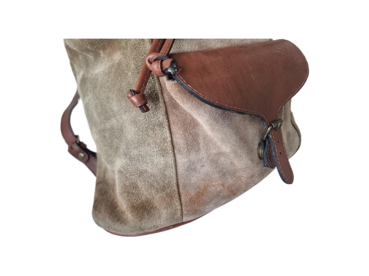 1970s Leather Suede Backpack: Small Vintage Drawstring Rucksack