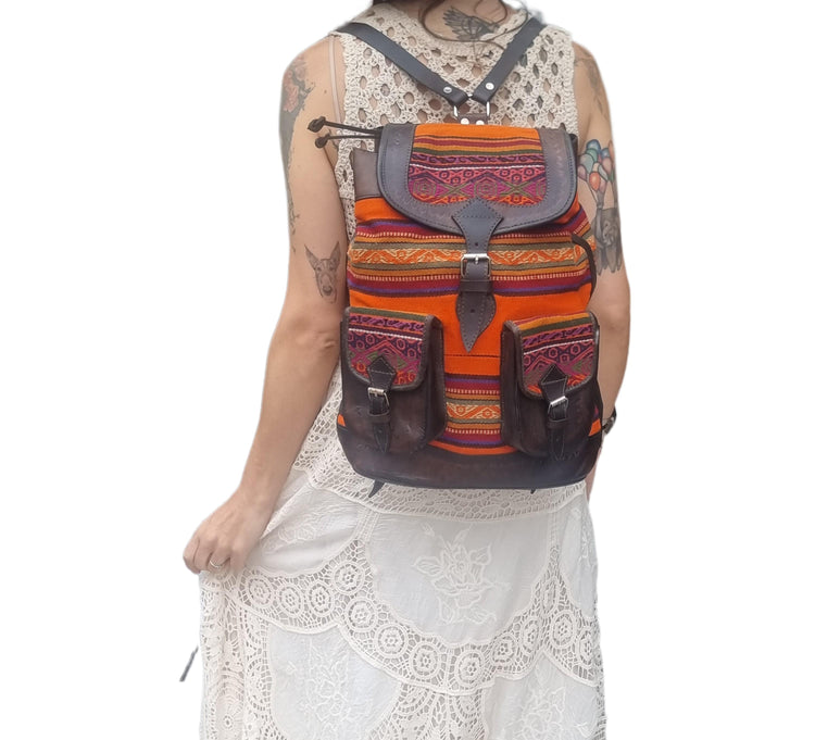 Peruvian Leather & Aguayo Kilim Backpack: Vintage Andean Tapestry Rucksack