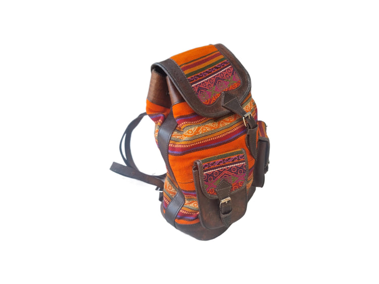 Peruvian Leather & Aguayo Kilim Backpack: Vintage Andean Tapestry Rucksack