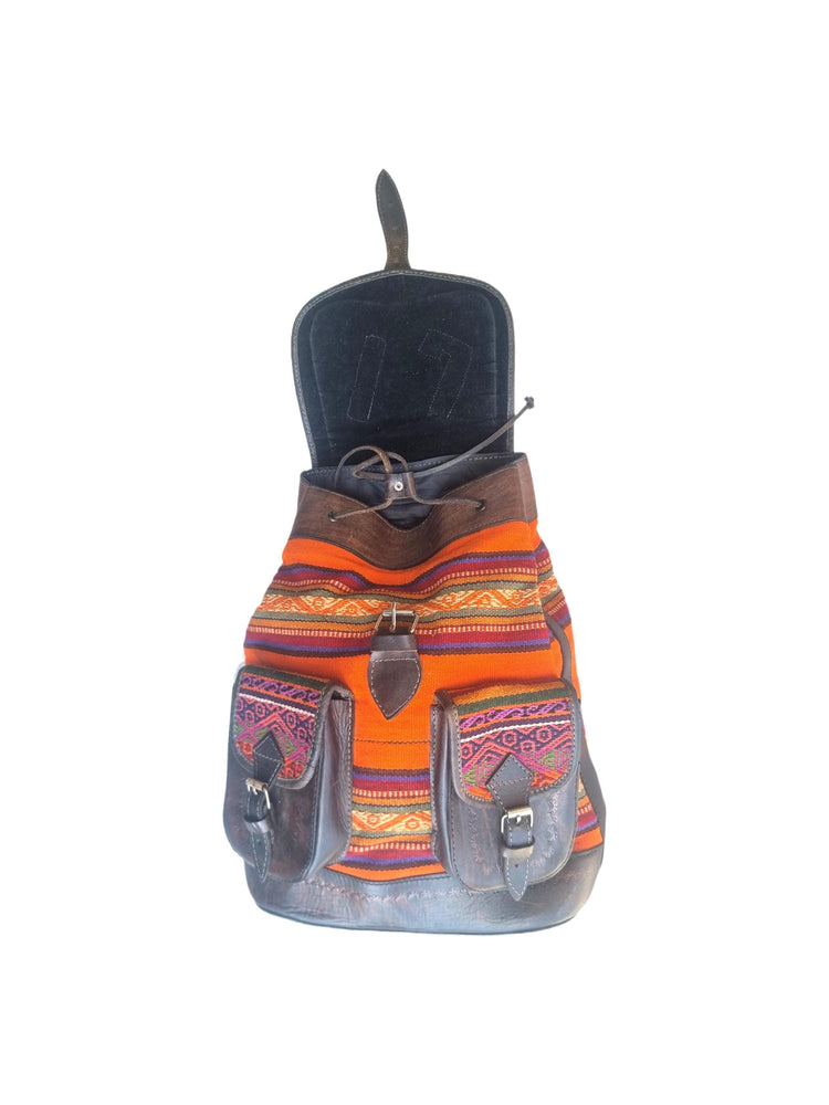Peruvian Leather & Aguayo Kilim Backpack: Vintage Andean Tapestry Rucksack