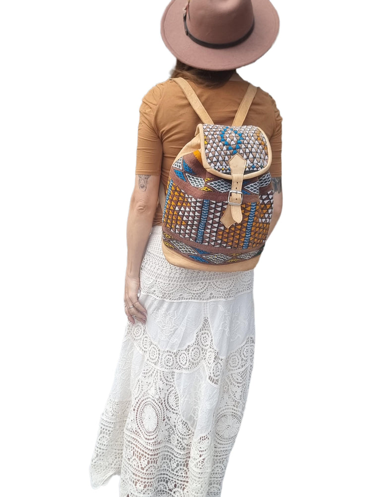 Ethnic Moroccan Kilim Backpack Purse, Large Leather Rucksack, Boho Shoulder Bag