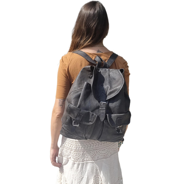 Oversized Leather Backpack, Large Drawstring Rucksack, Boho Biker Bag, Hippie Travel Bag, Unisex Rucksack
