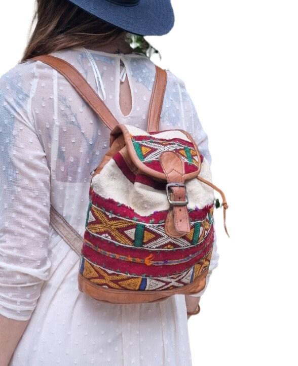 Womens Moroccan Kilim Carpet Leather Backpack, Boho Hippie Travel Rucksack, Vintage Berber Bag, Festival Bag