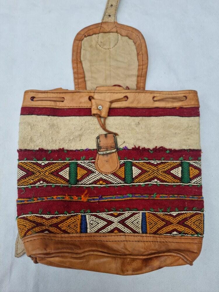 Womens Moroccan Kilim Carpet Leather Backpack, Boho Hippie Travel Rucksack, Vintage Berber Bag, Festival Bag