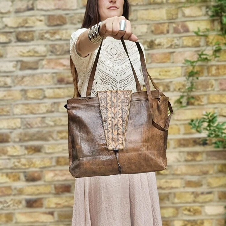 Handmade African Leather Crossbody Bag: Large Tribal Boho Tote