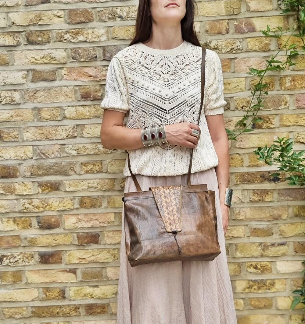 Handmade African Leather Crossbody Bag: Large Tribal Boho Tote