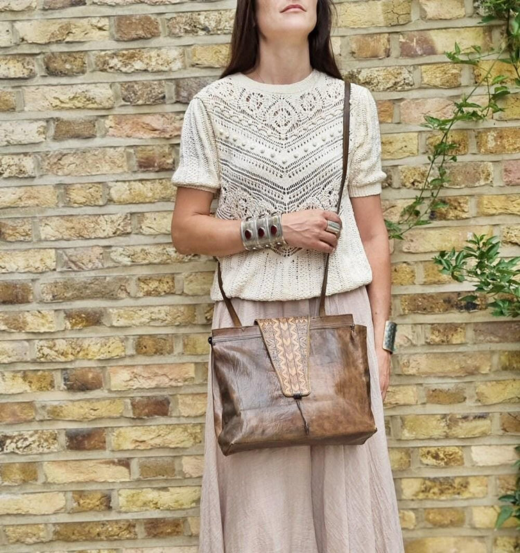 Handmade African Leather Crossbody Bag: Large Tribal Boho Tote