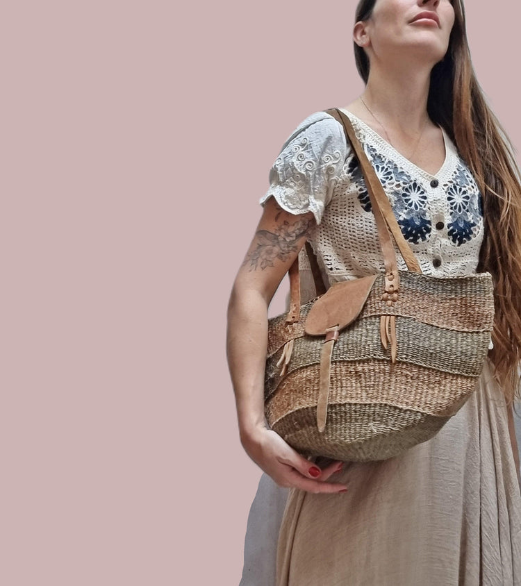 Handmade Sisal & Leather Kiondo Bag: African Boho Tote
