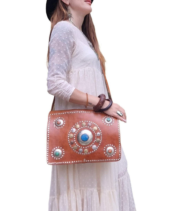 Vintage Moroccan Leather Messenger Bag: Studded Berber Crossbody Satchel