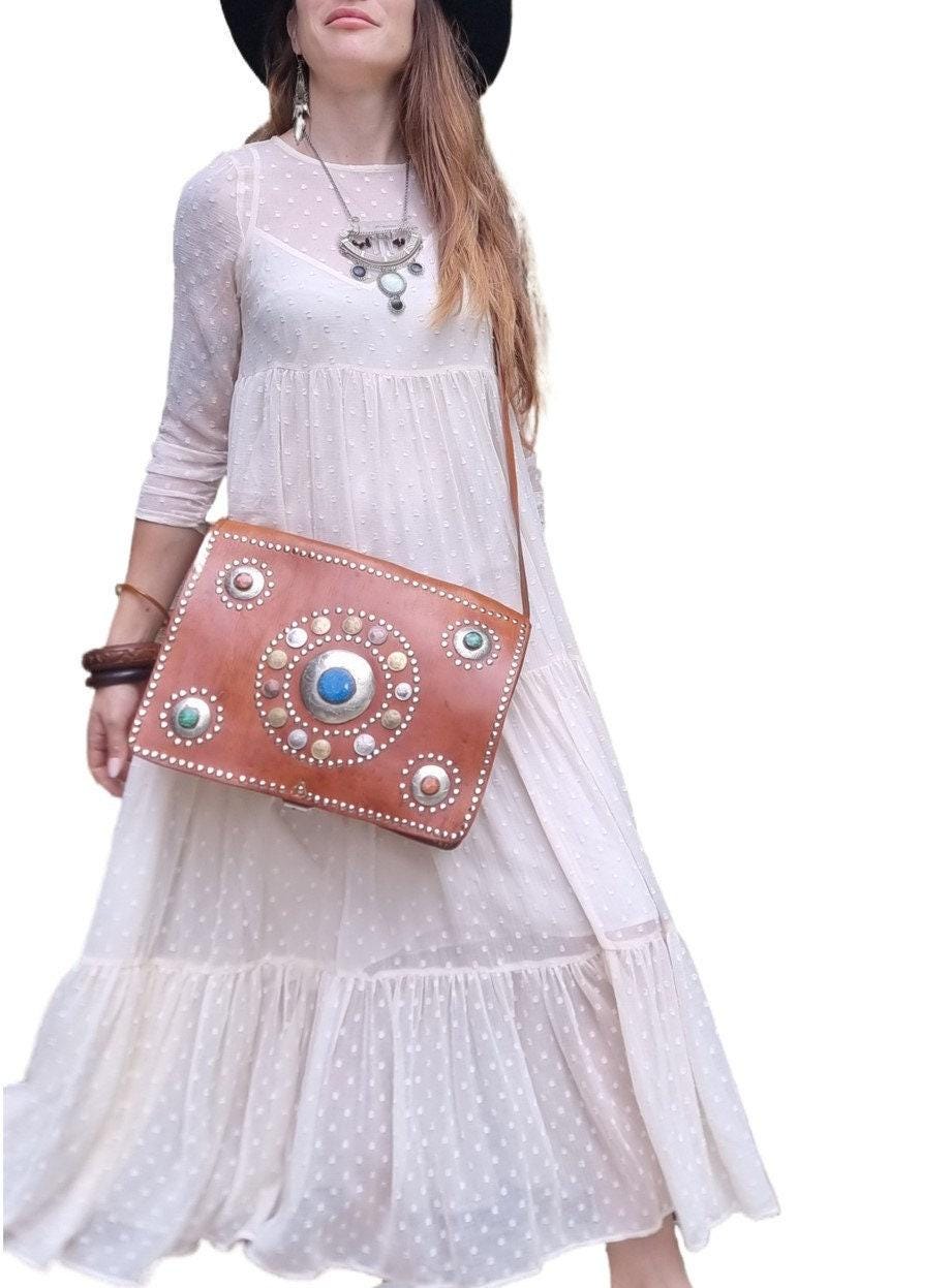 Vintage Moroccan Leather Messenger Bag: Studded Berber Crossbody Satchel