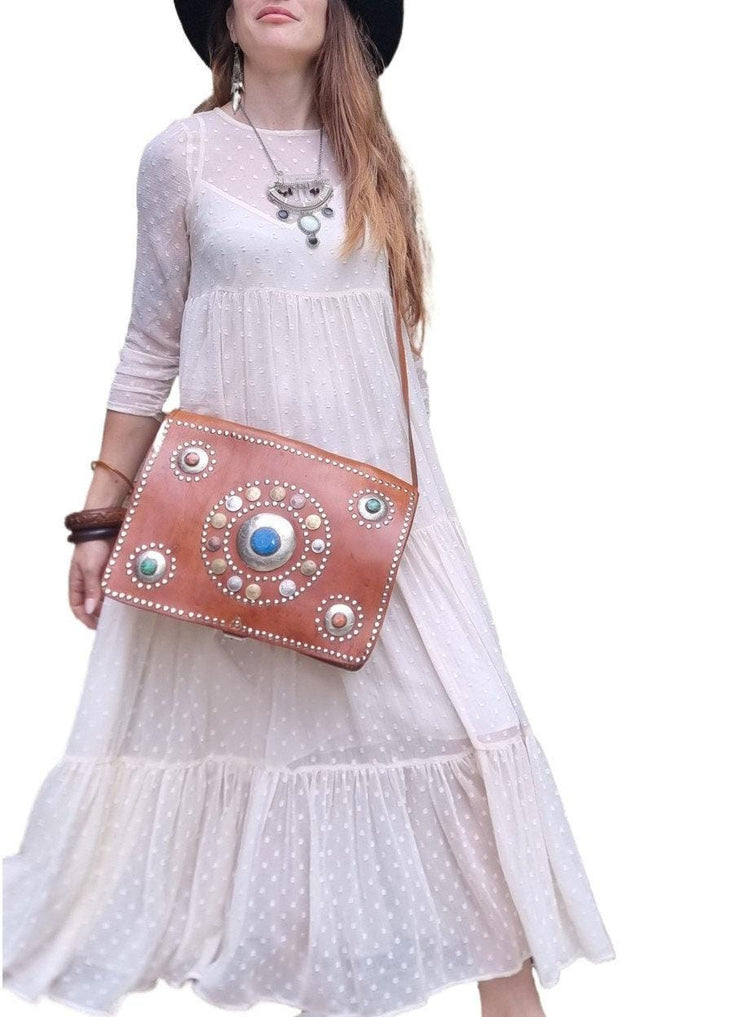 Vintage Moroccan Leather Messenger Bag: Studded Berber Crossbody Satchel