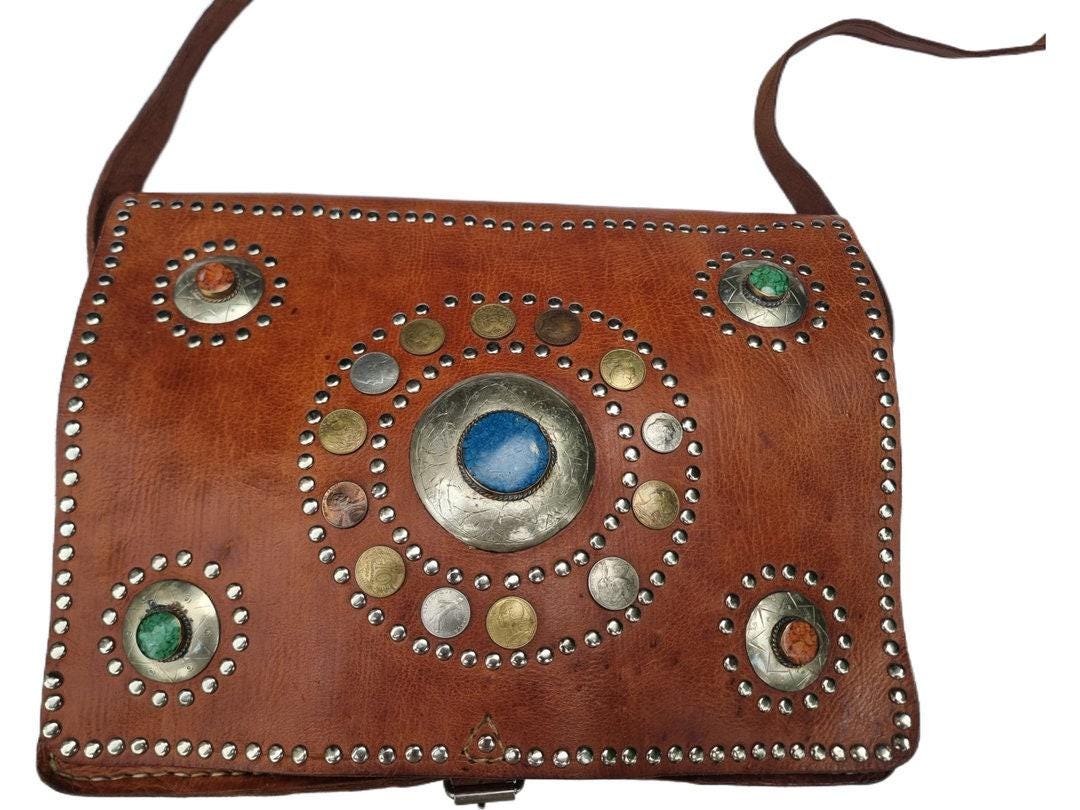 Vintage Moroccan Leather Messenger Bag: Studded Berber Crossbody Satchel