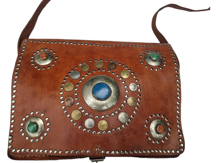 Vintage Moroccan Leather Messenger Bag: Studded Berber Crossbody Satchel