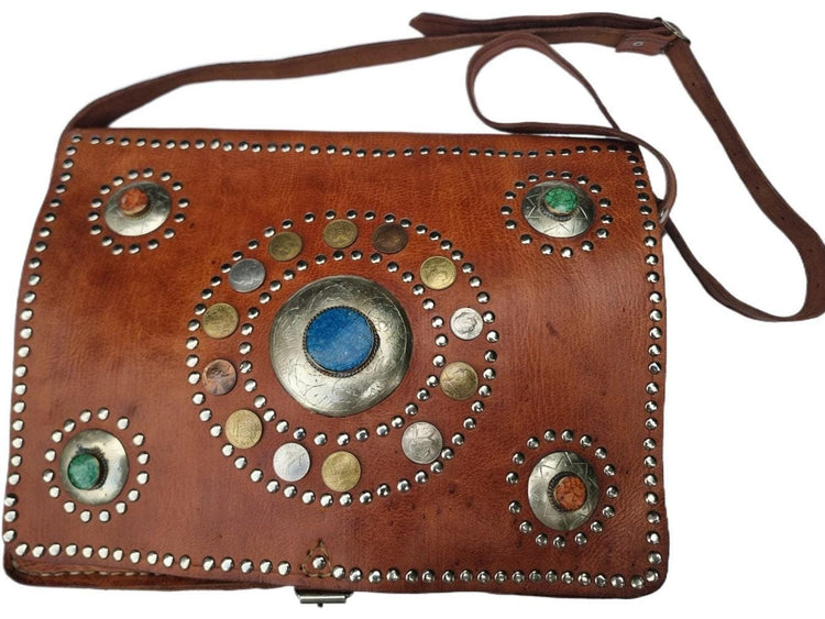 Vintage Moroccan Leather Messenger Bag: Studded Berber Crossbody Satchel