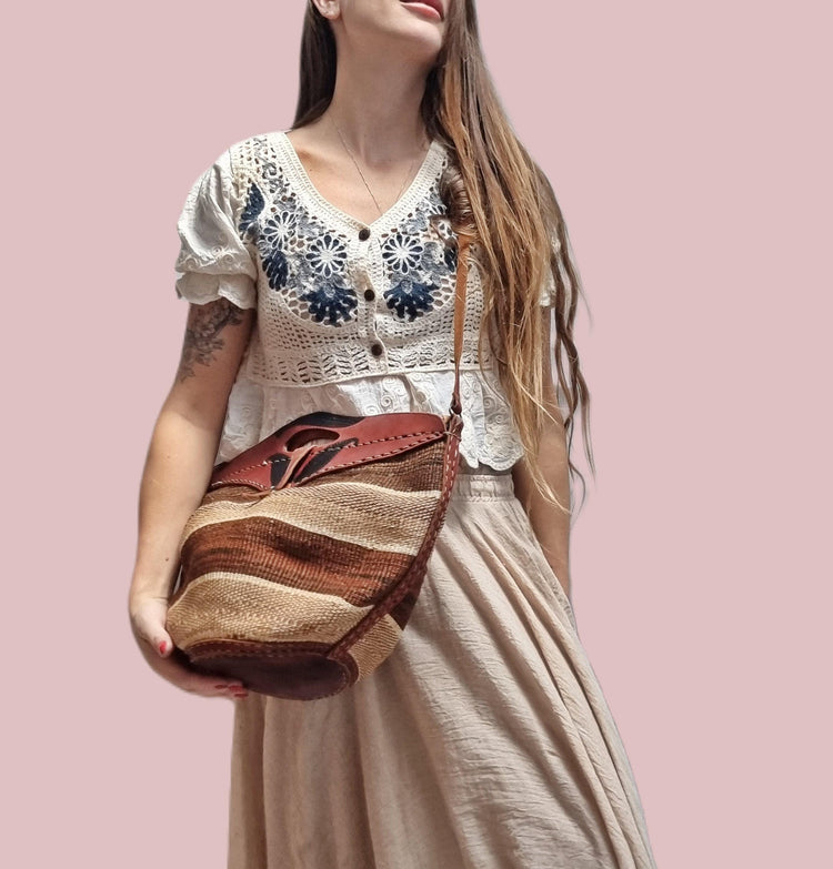 Handmade Sisal Bucket Bag: Boho Leather Tote, African Kiondo Purse
