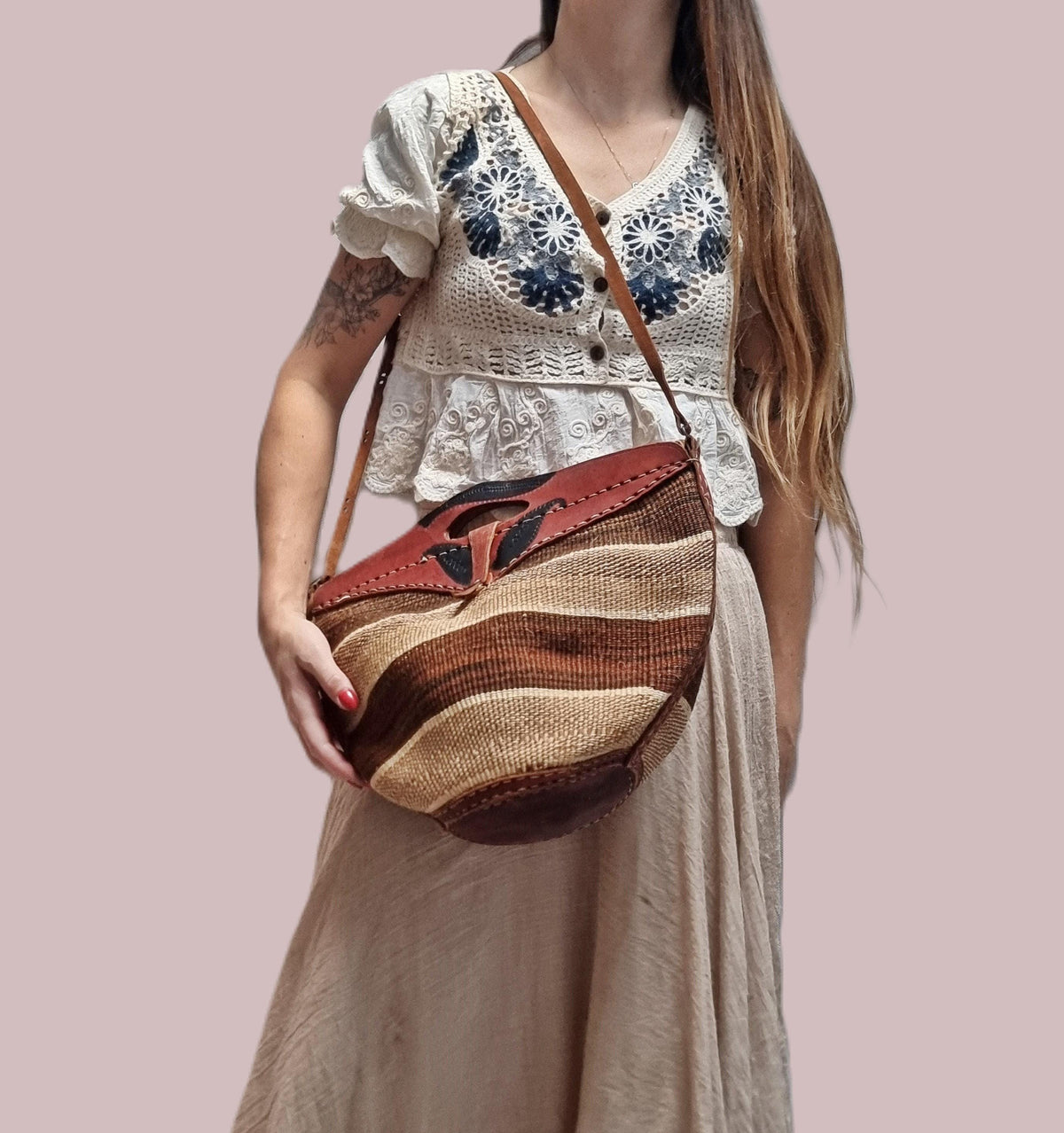 Handmade Sisal Bucket Bag: Boho Leather Tote, African Kiondo Purse