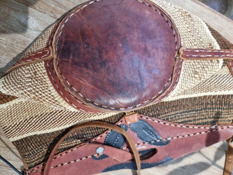 Handmade Sisal Bucket Bag: Boho Leather Tote, African Kiondo Purse