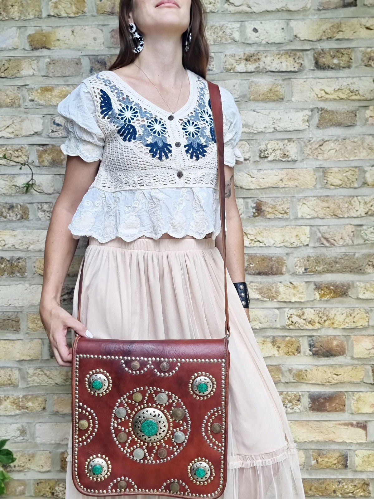 Studded Moroccan Leather Crossbody Bag: Vintage Festival Messenger