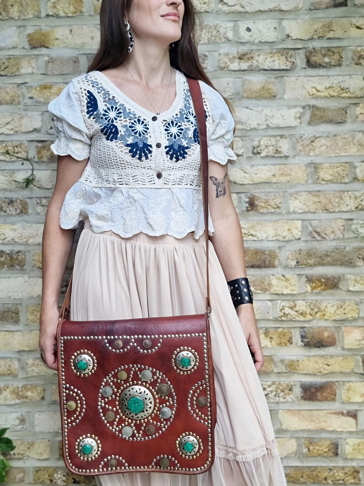 Studded Moroccan Leather Crossbody Bag: Vintage Festival Messenger