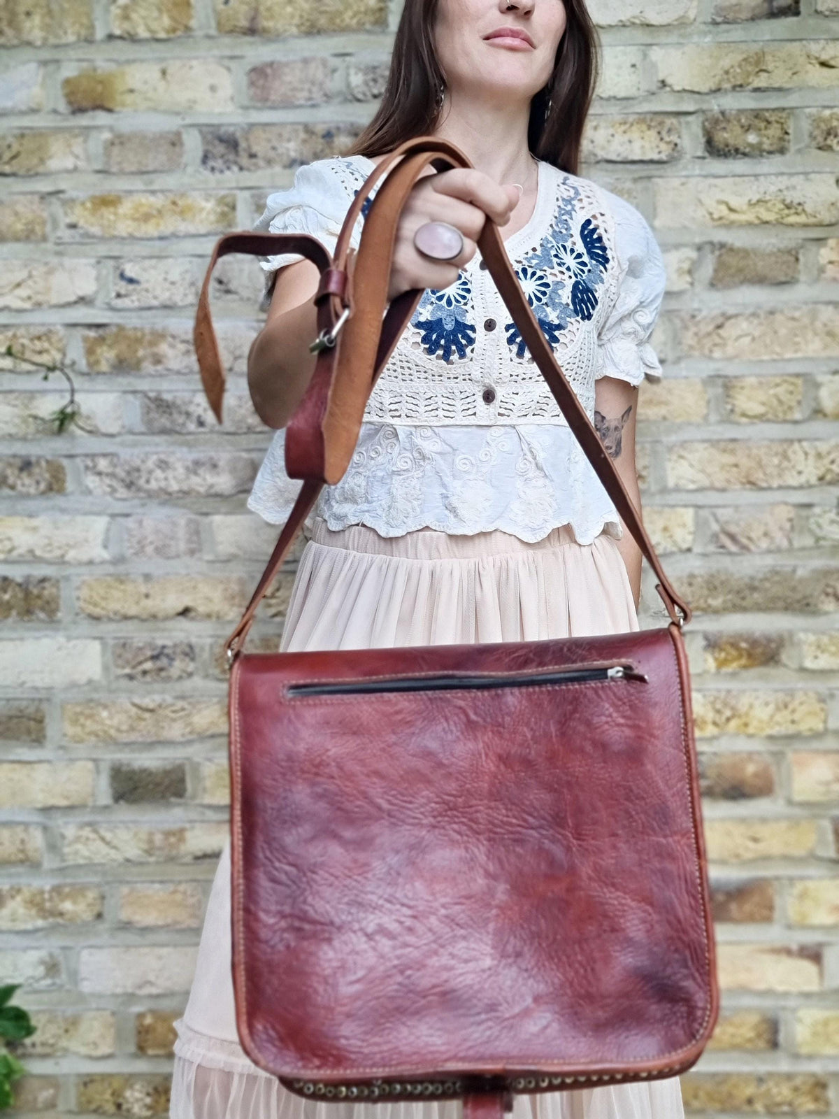 Studded Moroccan Leather Crossbody Bag: Vintage Festival Messenger